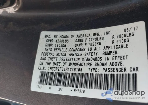 2017 Honda Accord Lx z USA, uszkodzony, nr VIN 1HGCR2F31HA248166